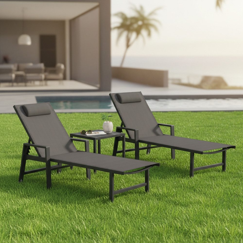 Melko Gartenliege Gartenmöbel Set Aluminium 2x Sonnenliege Balkontisch Klappliege Tisch, Relax-Set, 3 St., 2x Liege, 1x Tisch, wetterfest