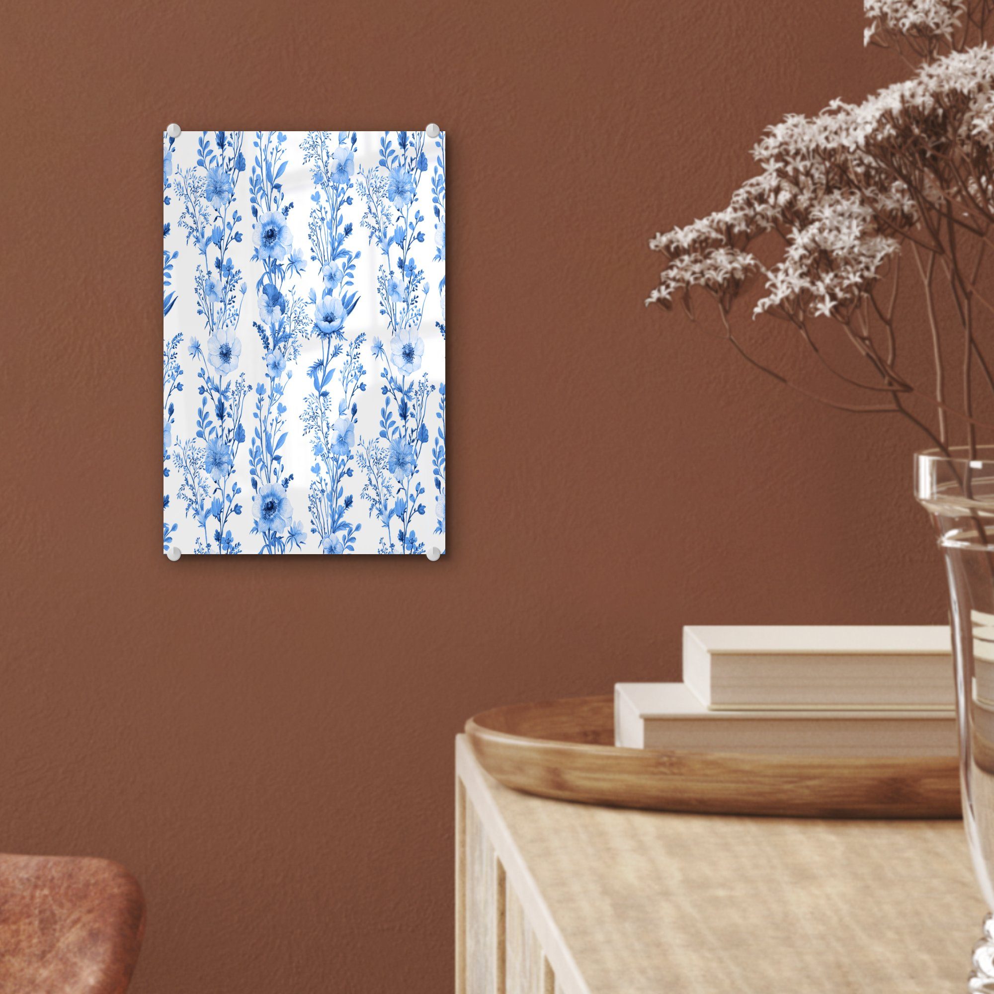 - St), Blumen Acrylglasbild Foto Anemone - auf Blau Glasbilder - Wandbild Bilder Muster, - MuchoWow auf - Wanddekoration Glas - (1 Glas