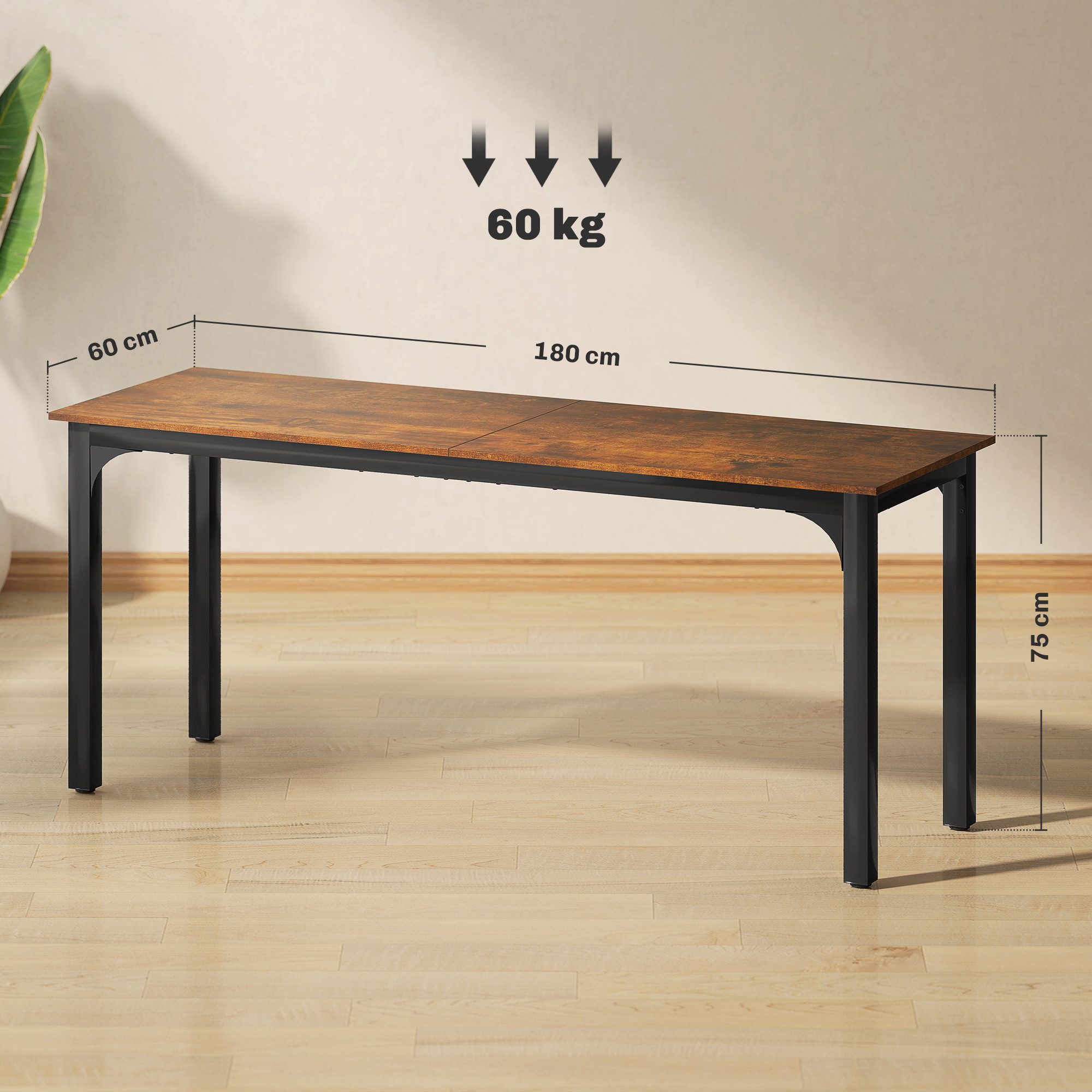 HOMCOM Schreibtisch mit Industrie-Design, Stahlgestell (Computertisch, 1-St., Bürotisch), für Arbeitszimmer Home Office, 180 x 60 x 75 cm Rustikal Braun