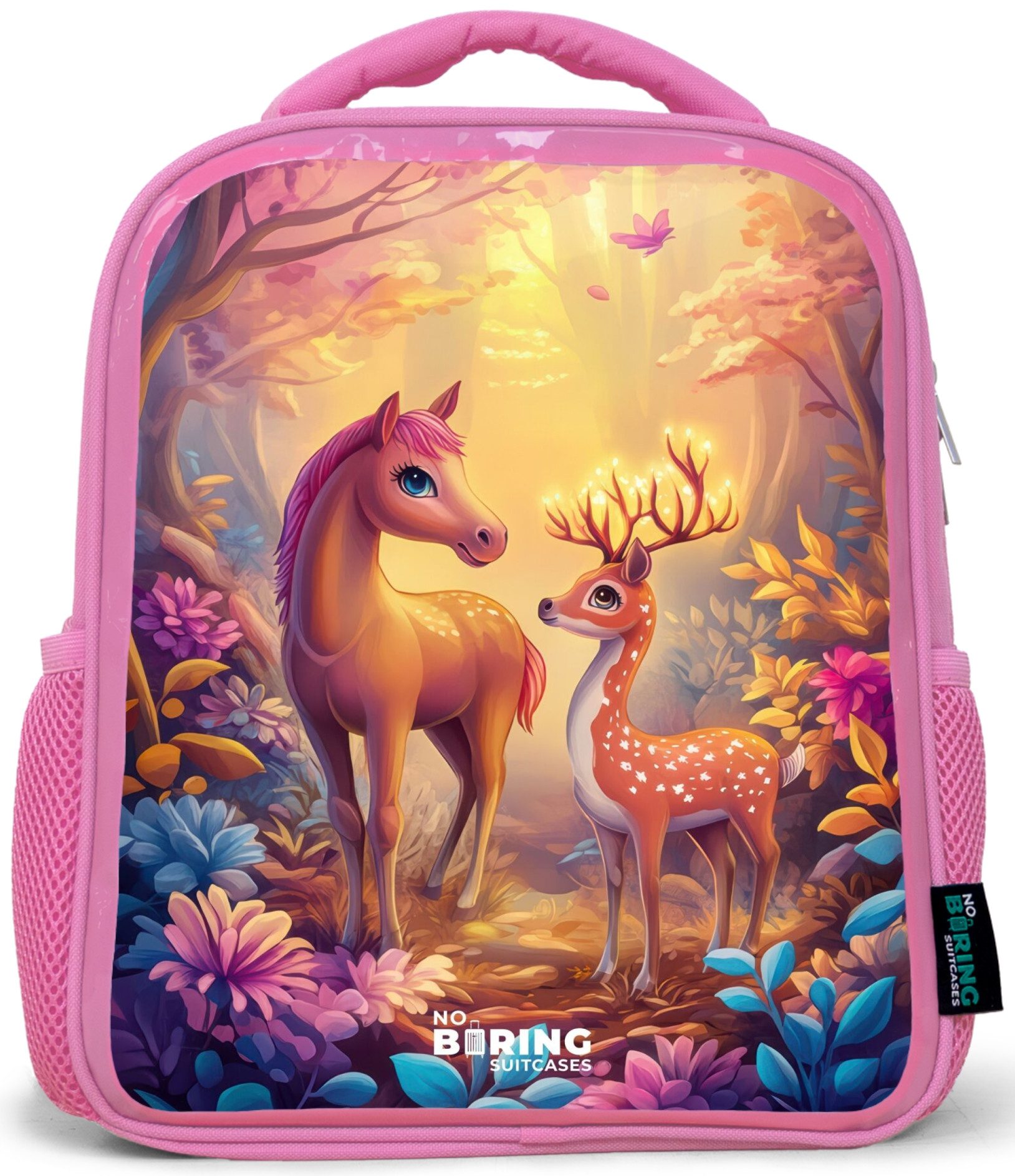 Rucksack Rosa - Pferd und Hirsch in einem rosa Märchenwald