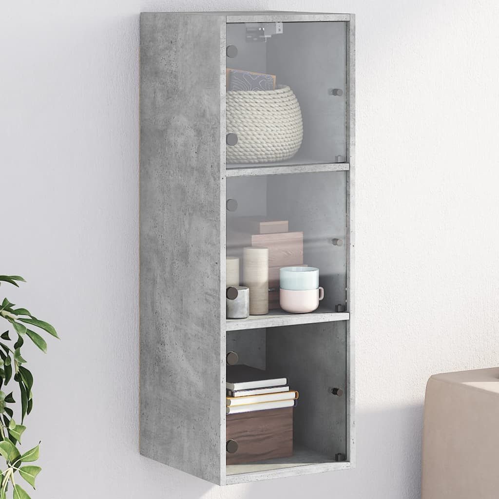 furnicato Wandhängeschrank Hängeschrank Betongrau 35x37x100 cm aus Holzwerkstoff und Glas, 1-tlg., Wandschrank mit Glastüren, mehreren Fächern und viel Stauraum