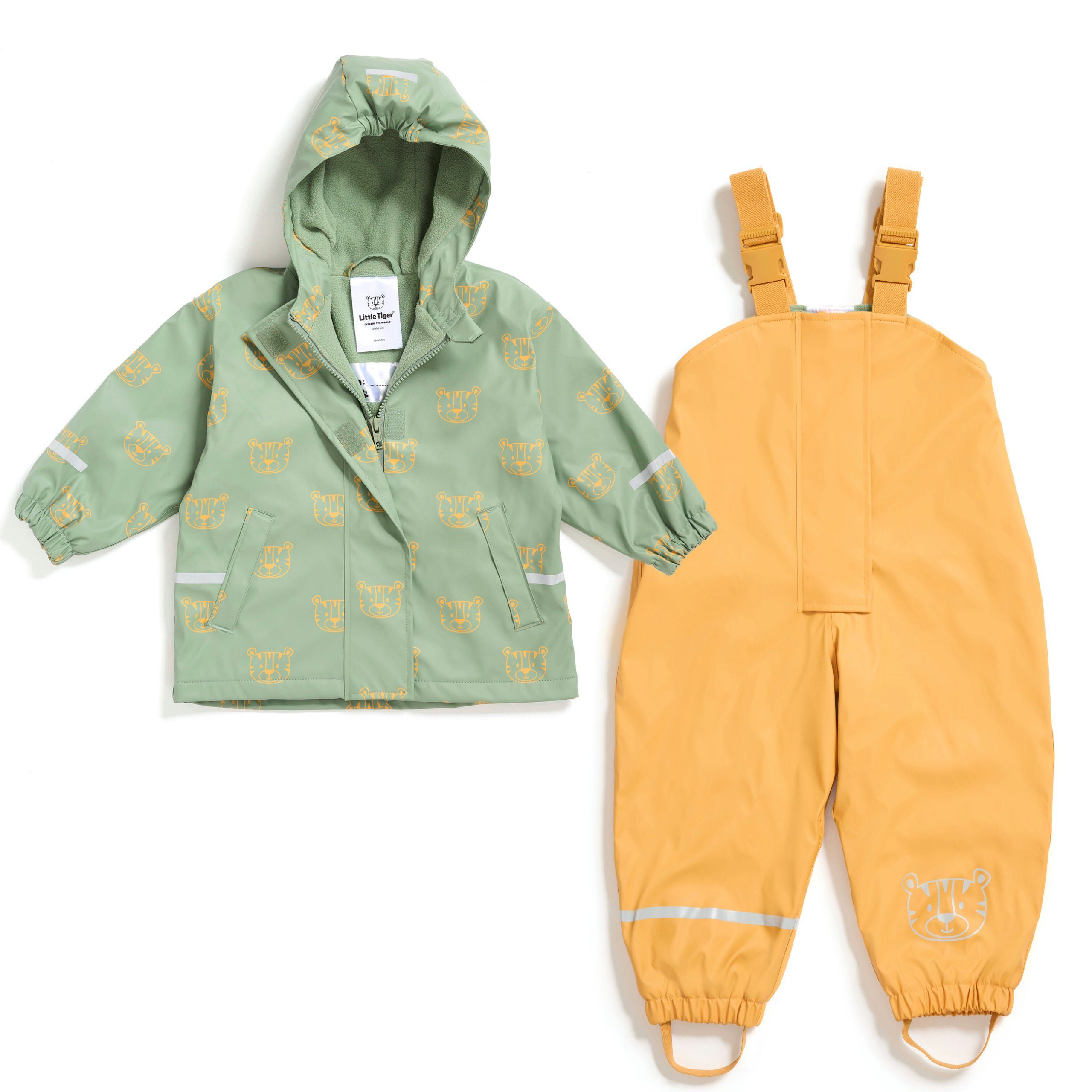 Little für gefüttert, Regenjacke Öko-Tex, bestehend Regen- aus Regenhose Kinder grün-gelb und Kapuze, wasserdicht, und Matschjacke Tiger® winddicht, Latzhose Regenanzug-Set