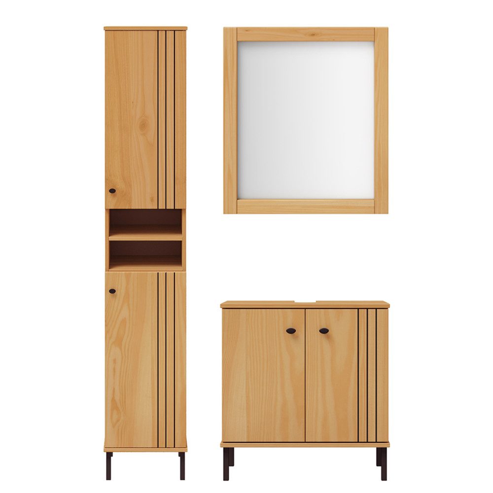 Lomadox Badmöbel-Set WILLOW-69, (Spar-Set, 3-St., Waschbeckenunterschrank Spiegel Hochschrank), Kiefer massiv Massivholz eichefarbig lackiert Rillen-Design