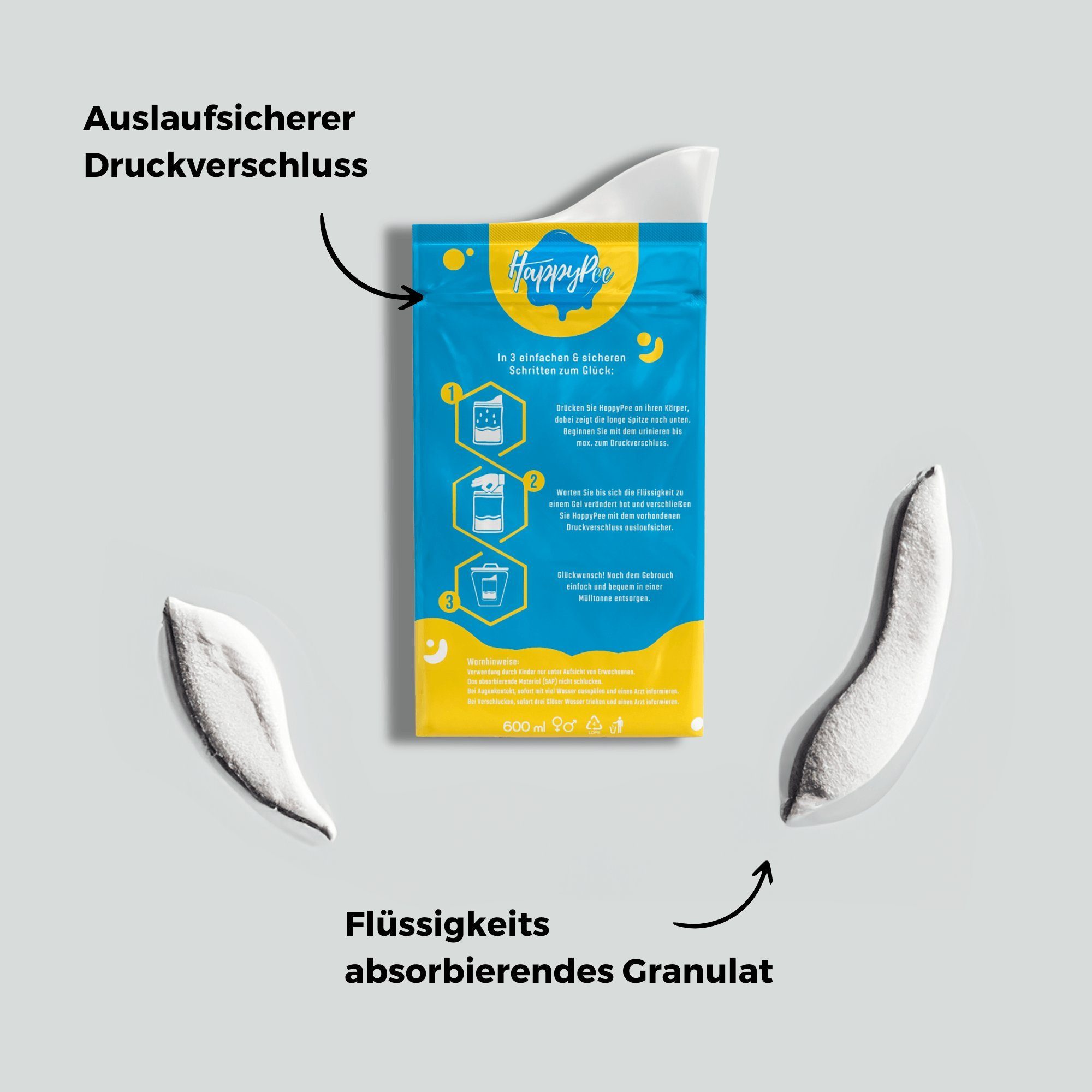 HappyPee Kette mit Anhänger 10 x Einweg Notfall WC für unterwegs + Hygienetücher, Frauen & Herren (10-tlg)