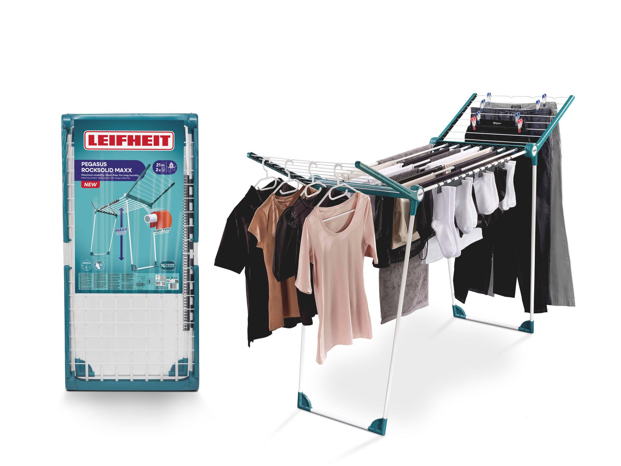 Leifheit Wäscheständer Pegasus RockSolid Maxx, 21 m Trockenlänge, 107 cm hohe Flügel, standfest, drinnen und draußen