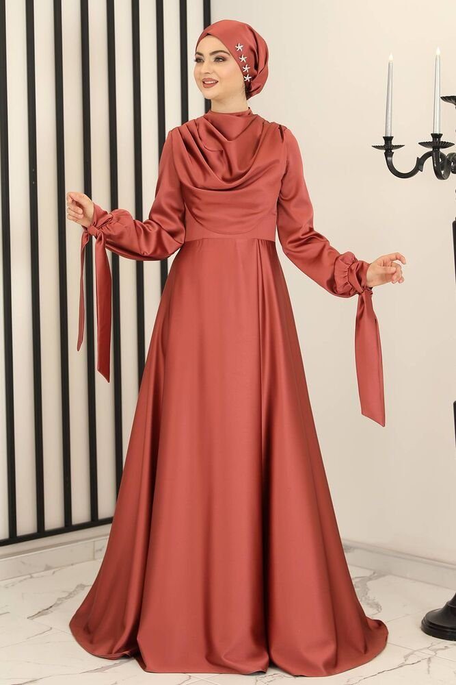 Modavitrini Satinkleid Damen Abendkleid Hijab Kleid Abiye Abaya Modest Fashion Koralle