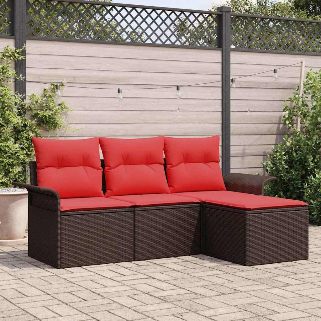 vidaXL Gartenlounge-Set Gartensofa-set mit Kissen mit Speicher 4 pcs Braun Poly-Rattan, (4-tlg)