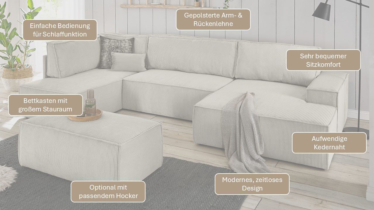 OTTO home Wohnlandschaft SHERWOOD U-Form, 329 cm - OTTO. Verlässliche Qualität., Schlaffunktion m. Bettkasten (194x139 cm), Cord, Vintage, Samtvelours – Bild 5 von 5