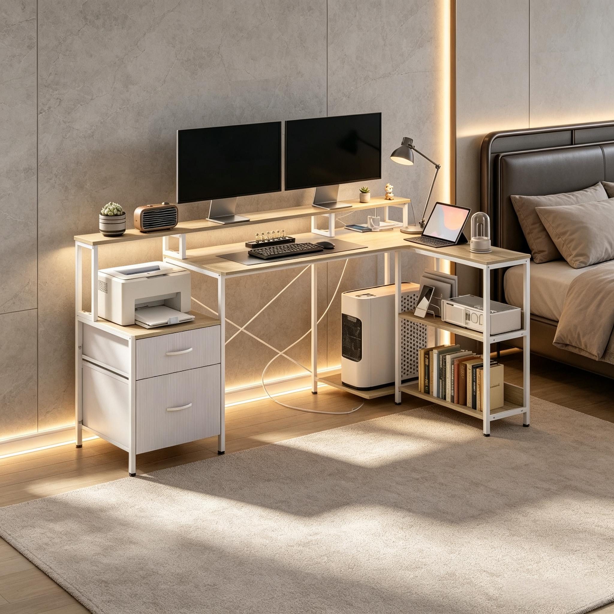 MC Star Schreibtisch Winkel-Computertisch mit RGB-LED-Beleuchtung (integrierten Steckdosen, Bildschirmträger und 2 Schubladen)