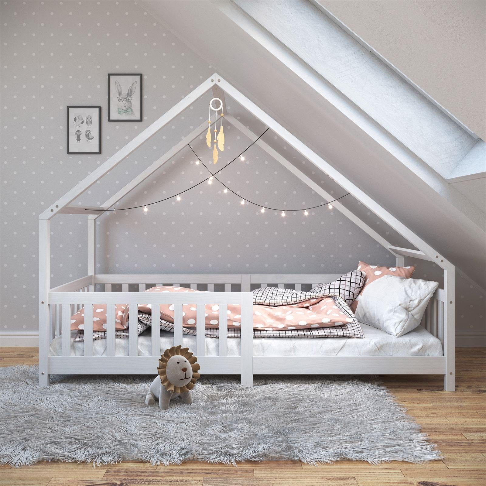 IDIMEX Kinderbett CORA, Kinderbett 90x200 cm mit Rausfallschutz Montessori Bodenbett Weiß