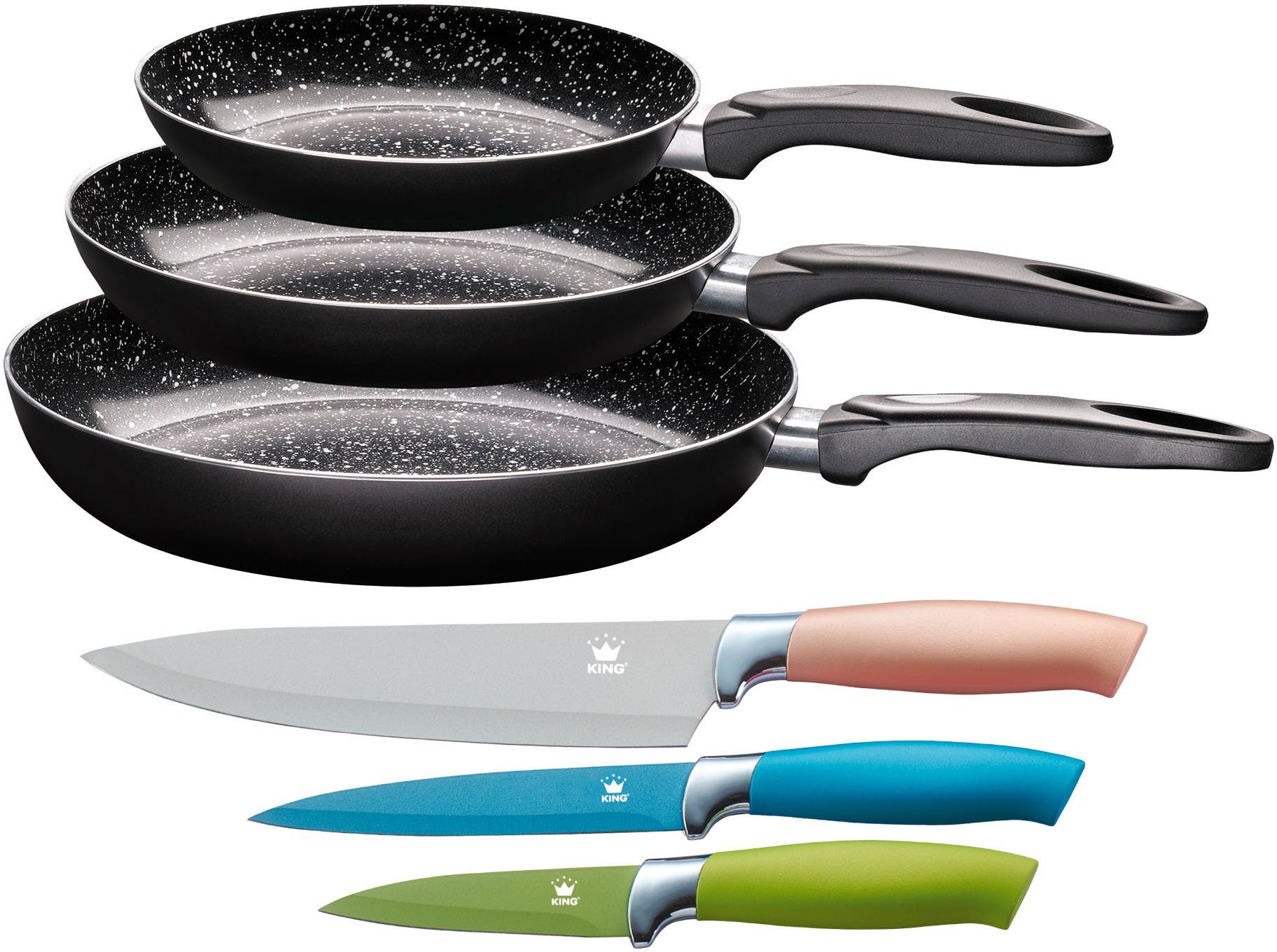 KING Pfannen-Set, Aluminium (Set, 6-tlg., 3 Pfannen, 3 Messer), Ø 20, 24, 28 cm, Induktion, Keramikbeschichtung | Pfannensets