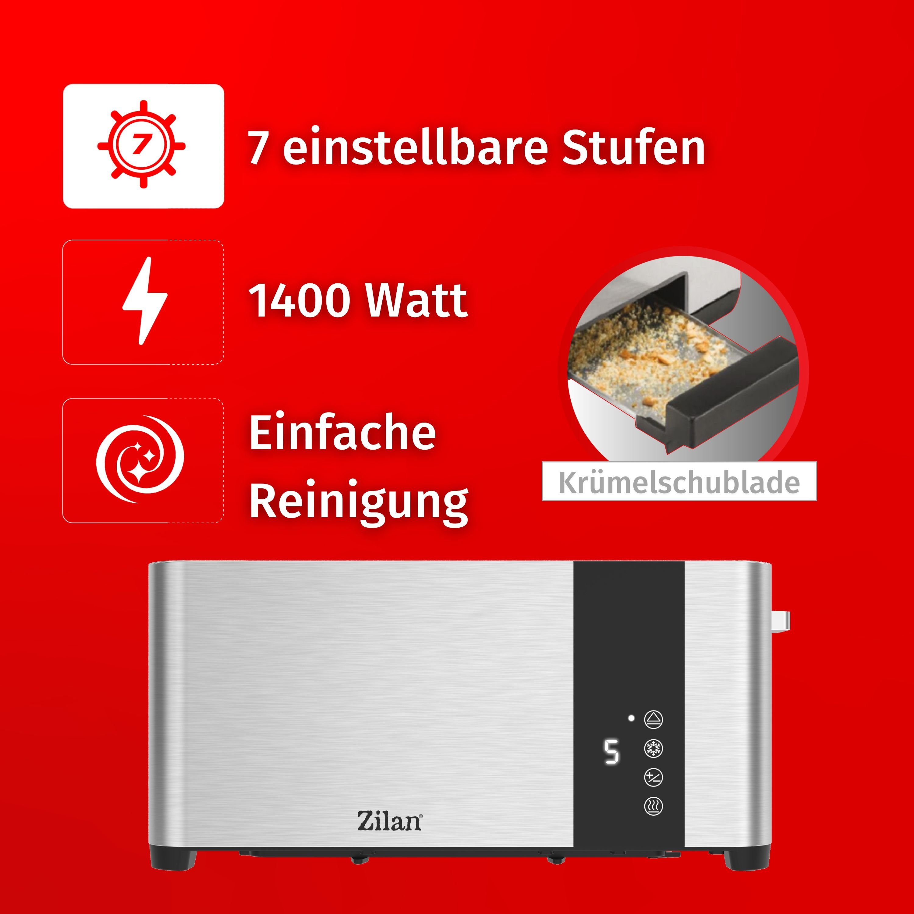Zilan Toaster ZLN-6234, 2 lange mit Schlitze, Krümelschublade für 4 W, Gehäuse, mit Edelstahl 1400 Brötchenaufsatz, Scheiben