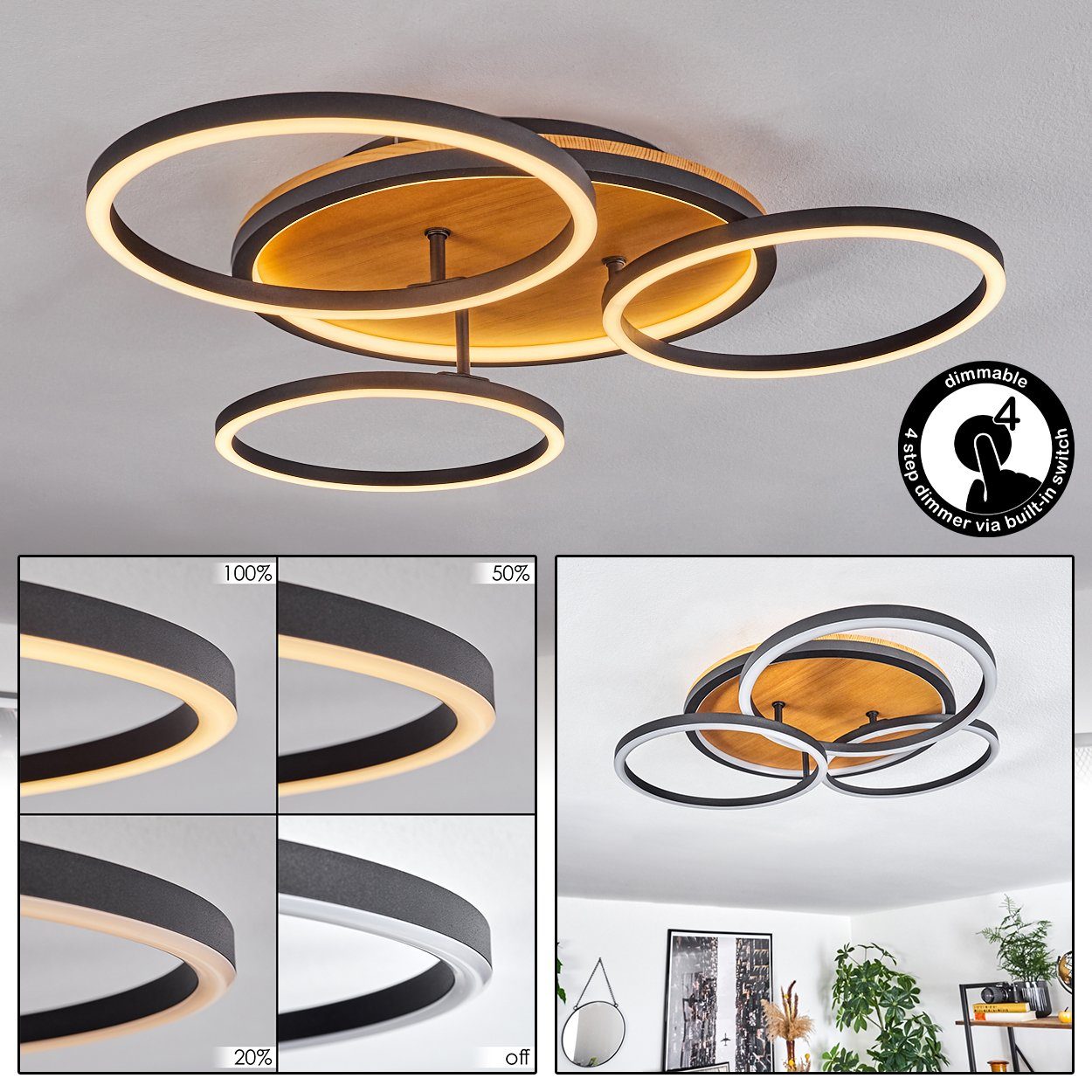 hofstein Deckenleuchte dimmbare Deckenlampe aus Metall/Holz/Kunststoff günstig online kaufen