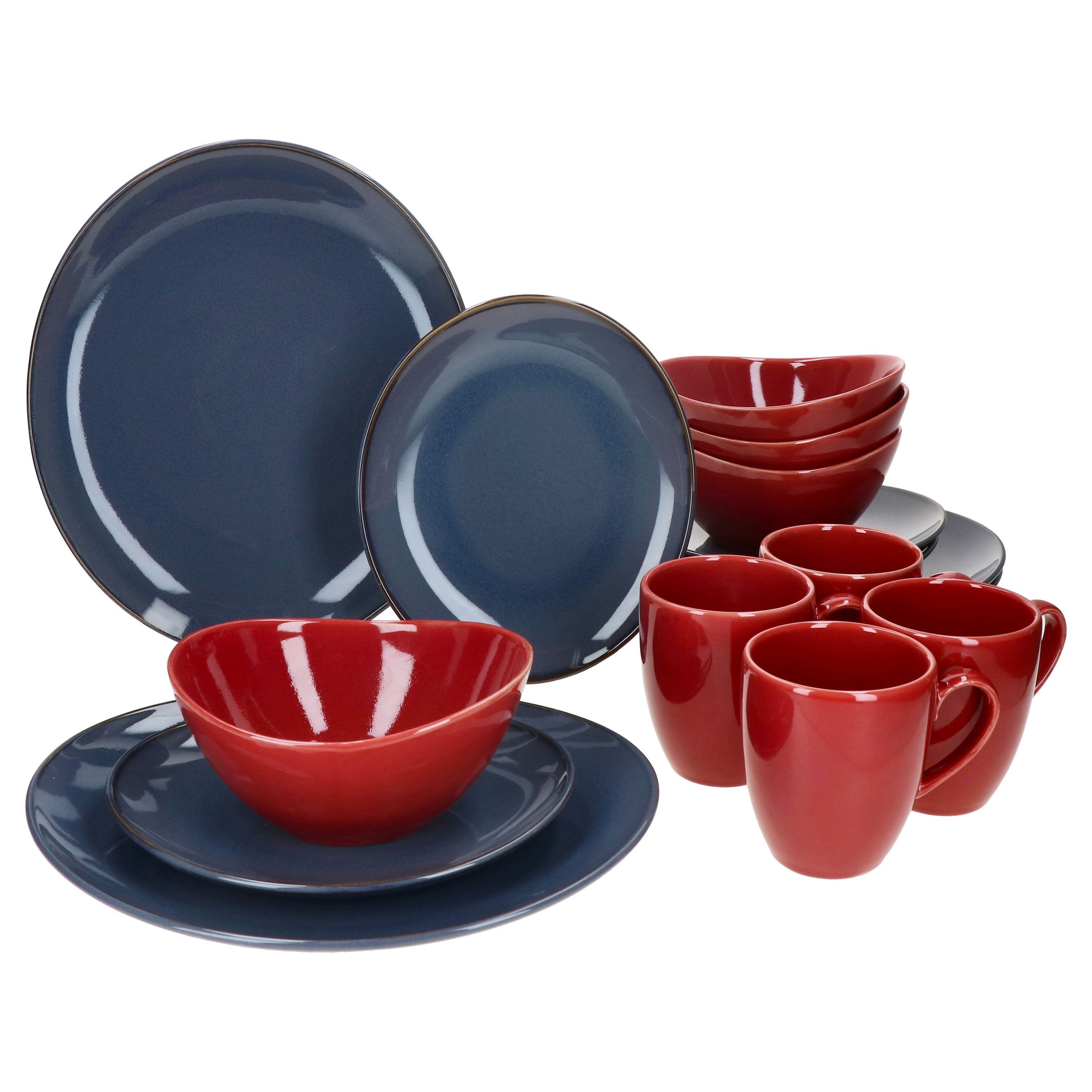 MÄSER Kombiservice Natural 16tlg Kombiservice rot & blau 4 Pers. Becher Schalen Teller, Steingut