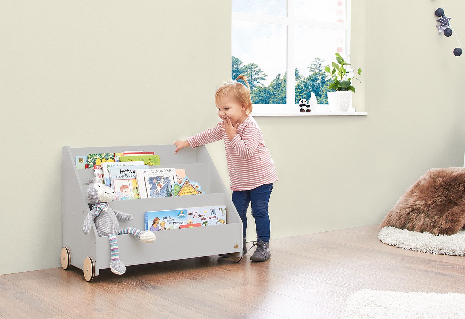 Pinolino® Kinderregal Kinderbücherregal mit Rollen 'Lasse', grau