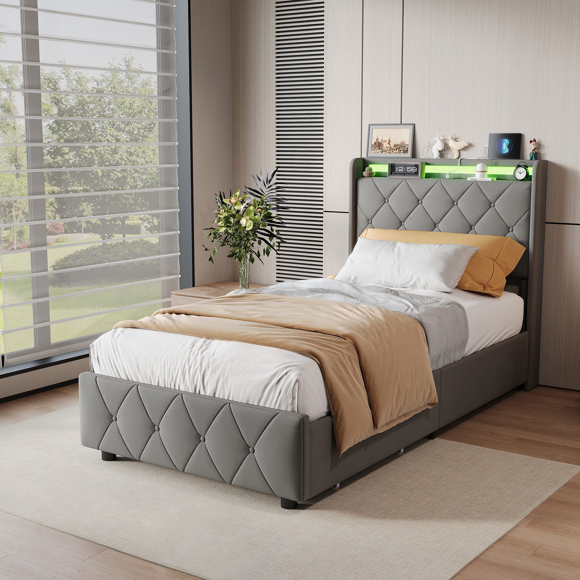 ADWOLT Stauraumbett Polsterbett mit Lattenrost und LED-Beleuchtung, Jugendbett 90x200cm mit USB&Type-C,Kinderbett mit 2 Schubladen,Grau