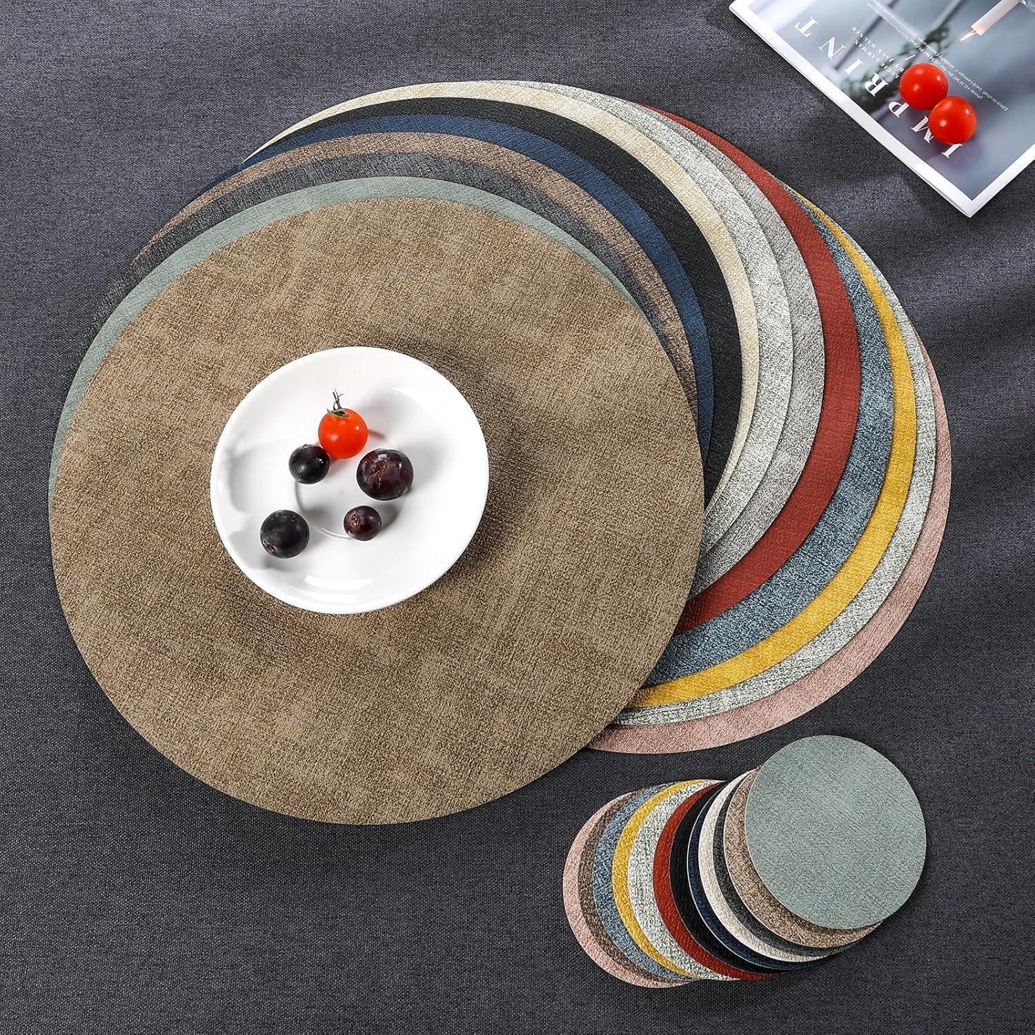 LuxusKollektion Platzset Tischsets Kunstleder abwaschbar rund 36cm Grau Salbeigrün 4er Set