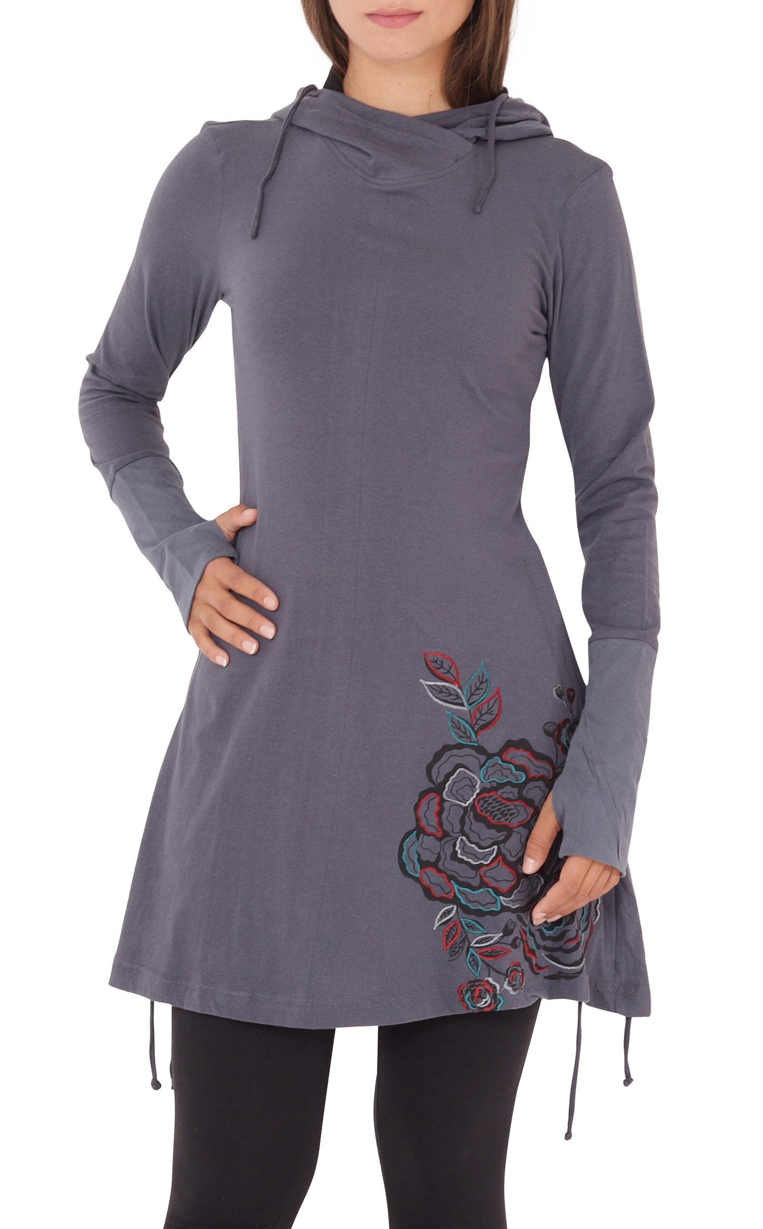 PUREWONDER A-Linien-Kleid Kapuzenkleid mit Blumen-Print dr132 Jersey Grau