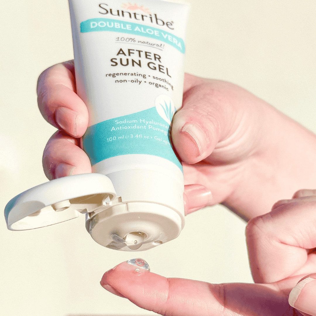Suntribe After Sun-Gel Bio-Aftersun Gel Doppel Aloe Vera / 100 ml – 100 % Natürlich & Vegan, Mit Hyaluron & Granatapfelextrakt – Feuchtigkeit & parfümfrei