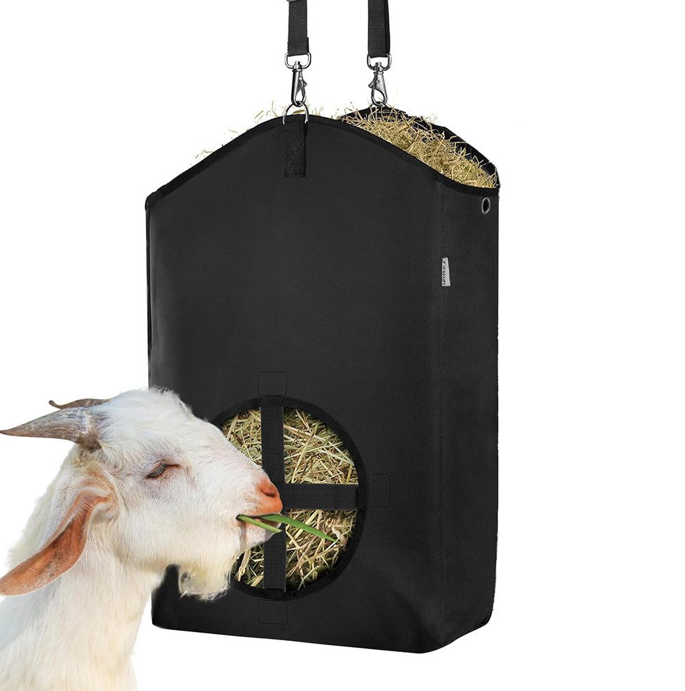 Ledander Heunetz Hängende Heutasche für Ziegen,aus hochwertigem Oxford-Gewebe, mit Metallverschluss und verstellbarer Futteröffnung,Slow-Feeding
