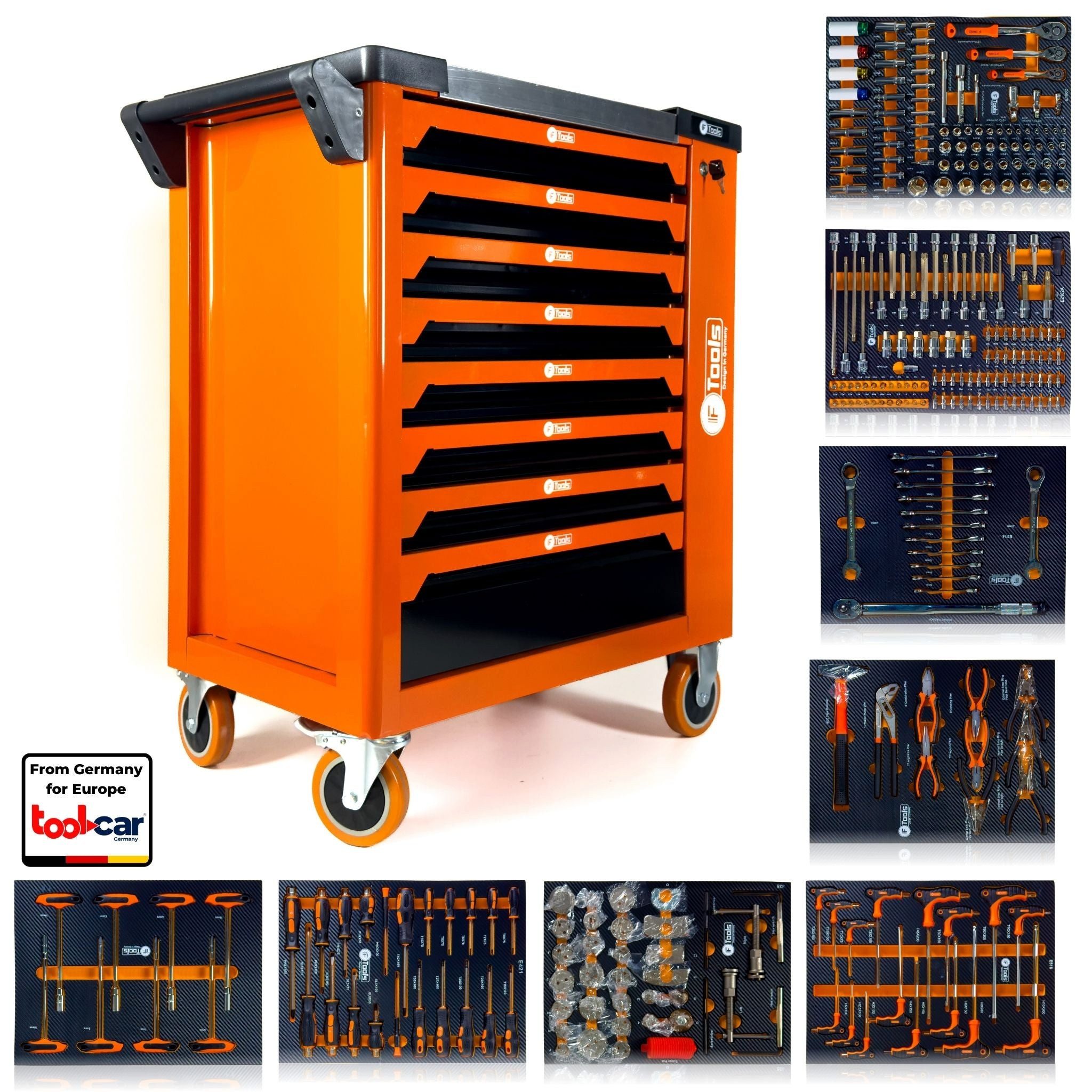 Toolcar Инструментwagen Werkstattwagen 8 Schubladen, 8 befüllt, bestückt, gefüllt - Orange, abschließbar, kugelgelagerte Rollen, Chrom-Vanadium-Stahl, stabil, max. Traglast:50 kg, 279-tlg. Инструментset, (Steck-/Ringschlüssel, Ratschen, Torx, Schraubendreher, Zangen, 279-tlg., EVA-/Schaum-Einlagen, logisch sortiert, schneller Zugriff), Arbeitsplatte PP, Kantenschutz, Griff, 2 Lenkrollen mit Stop