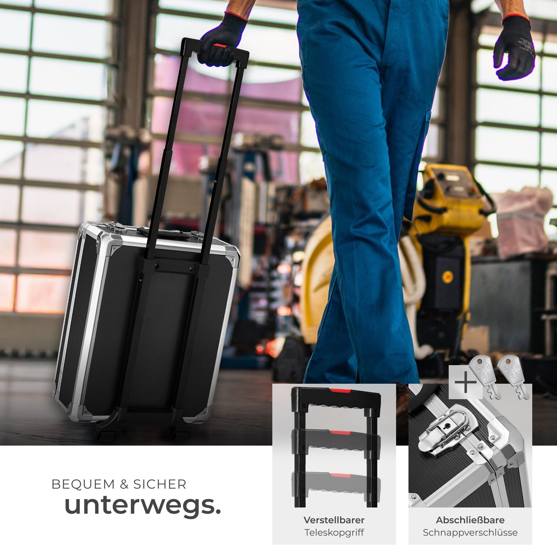 tectake Werkzeugtrolley Werkzeugkoffer alu mit 1200 Teilen und 4 Ebenen (leerer Aluminium Werkzeugkoffer, in schwarz), übersichtliche Anordnung auf 4 Ebenen, verstärkte Ecken
