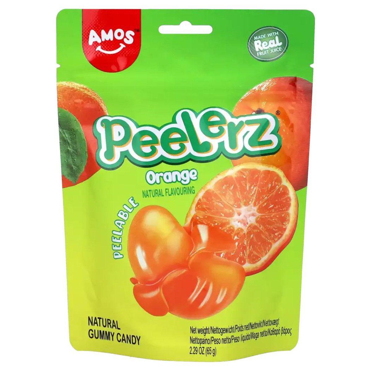 AMOS Süßigkeit, Amos Peelerz Gummies Orange mit einer fruchtigen Füllung 65g