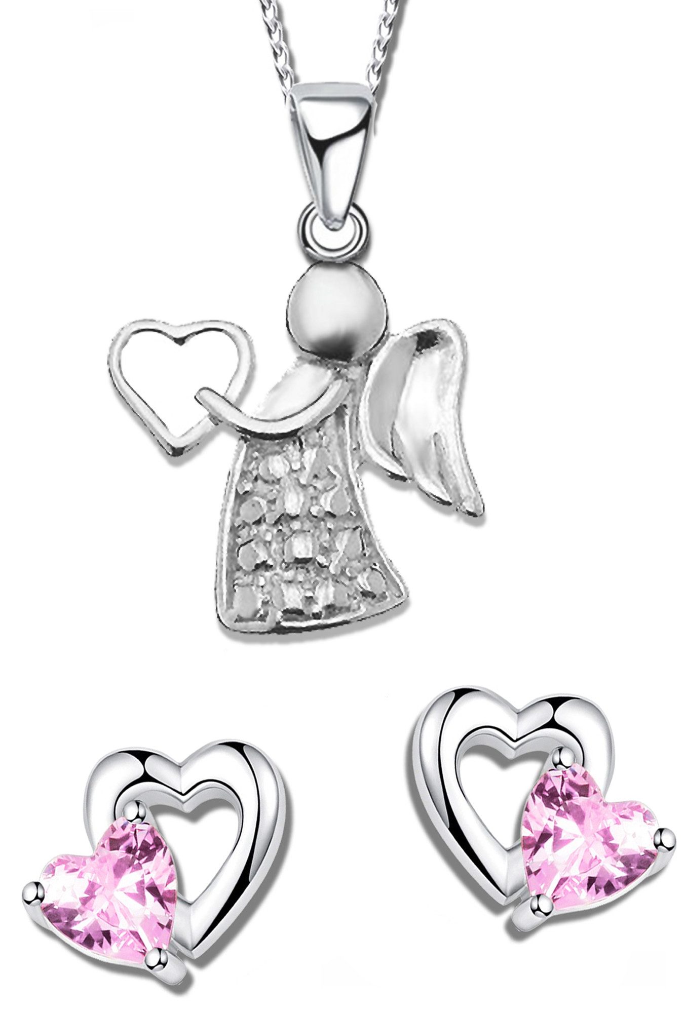 Limana Ювелірні виробиset Kinder Mädchen Set 925 Silber Schutz-Engel Herz Kette mit Ohrringe, Engelkette Halskette mit Ohrstecker Echtschmuck Kinderschmuck Geschenk