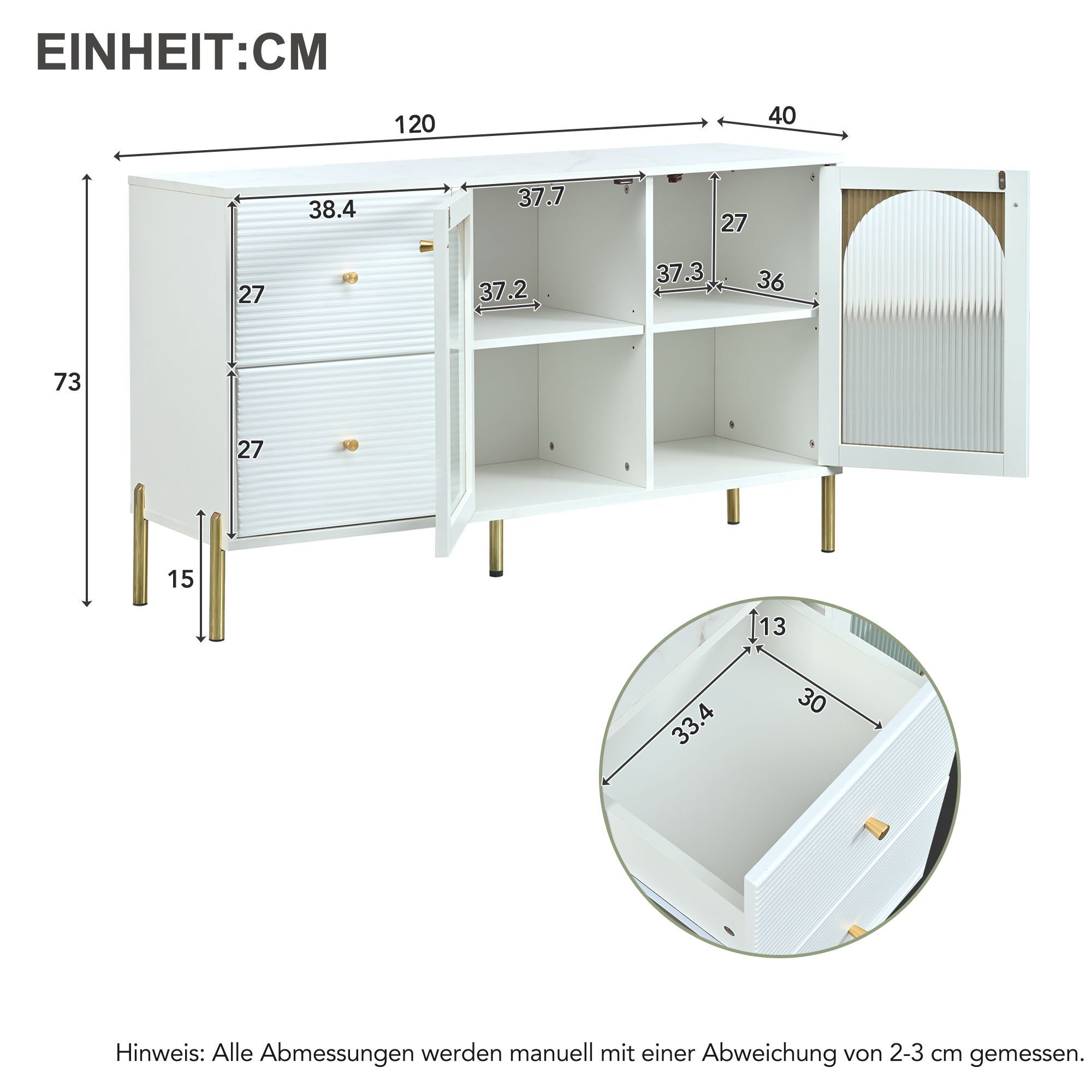 Schrank langes mit 2 Schubladen, 2 OKWISH Sideboard Glas und Sideboard, Türen mit cm Anrichte weiß-goldenes 120