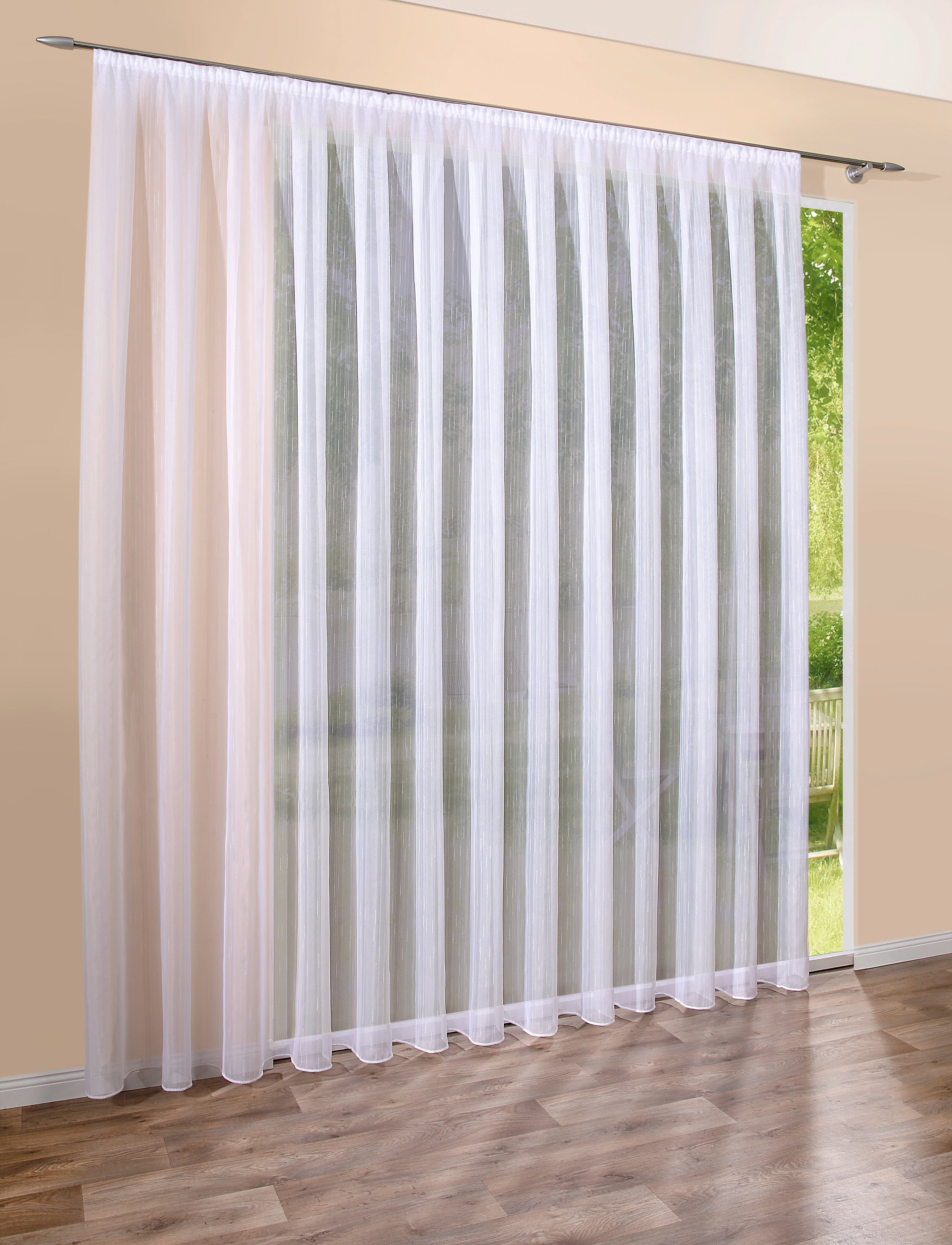 Gardine Voile Streifen Weiß, DecoHome24, Kräuselband (1 St),  halbtransparent, Voile, Store