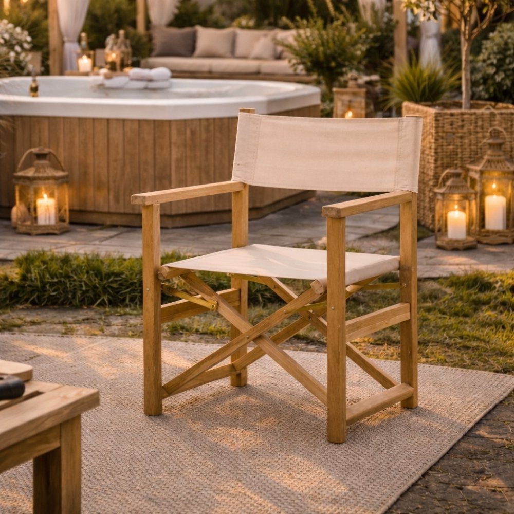 LebensWohnArt Stuhl Teak Klappstuhl REGIE natural – Outdoorstoff beige stone