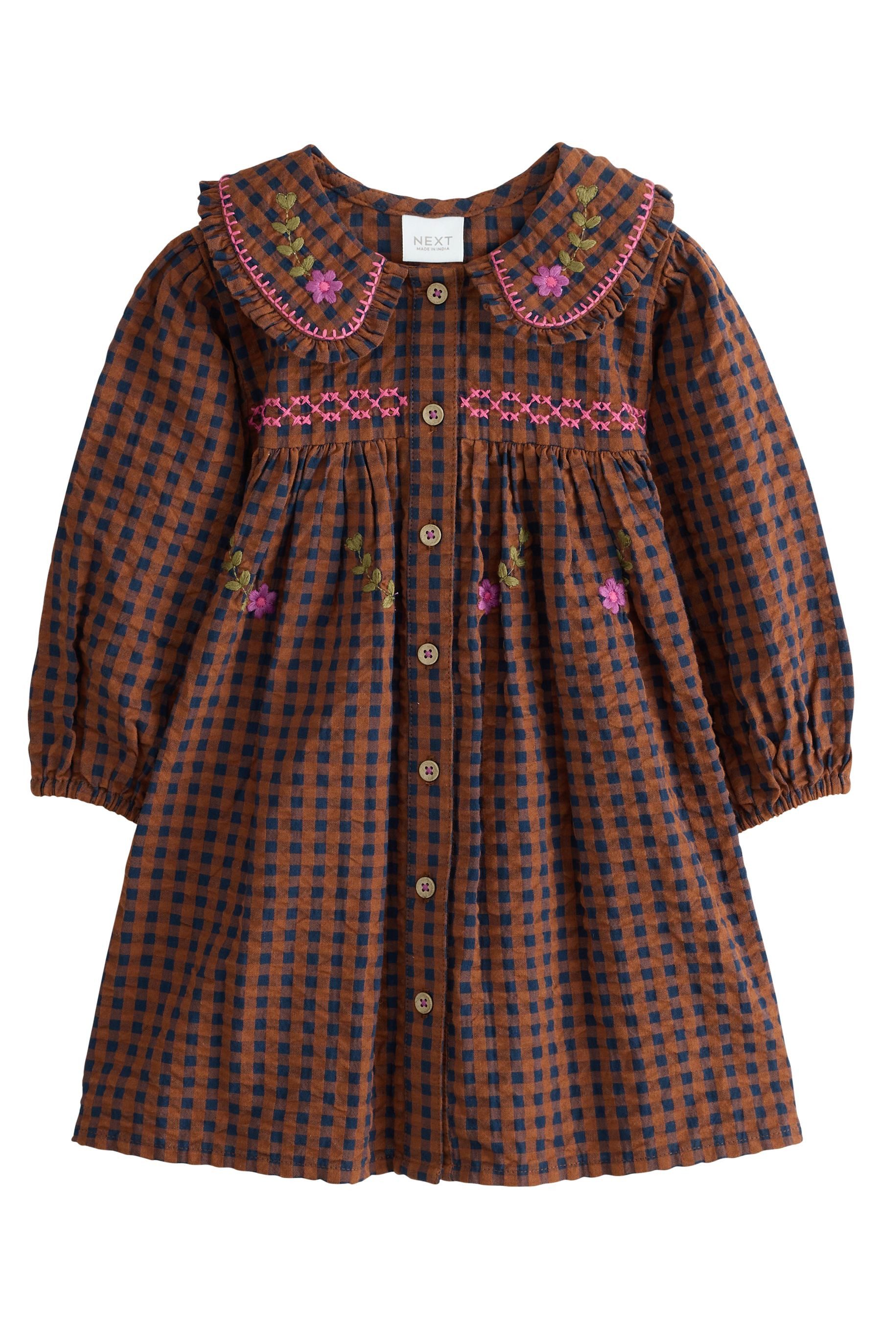 Next Karokleid Kleid mit Kragen, Stickerei und Karomuster (1-tlg)