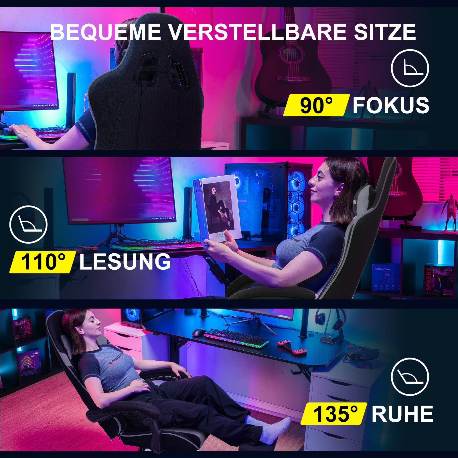 GTPLAYER Gaming-Stuhl Bürostuhl Gaming Stuhl Massage Ergonomischer Gamer Stuhl, mit Massage-Lendenkissen Fußstütze, Kopfstütze – Bild 4 von 5