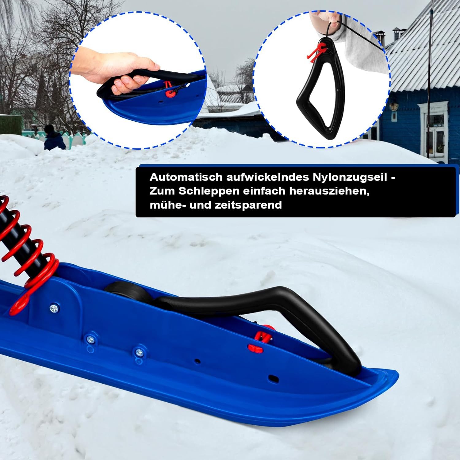 EUGAD Lenkschlitten (1-tlg), Schlitten mit Fußbremsen, automatisches Zugseil, Stoßdämpferfeder