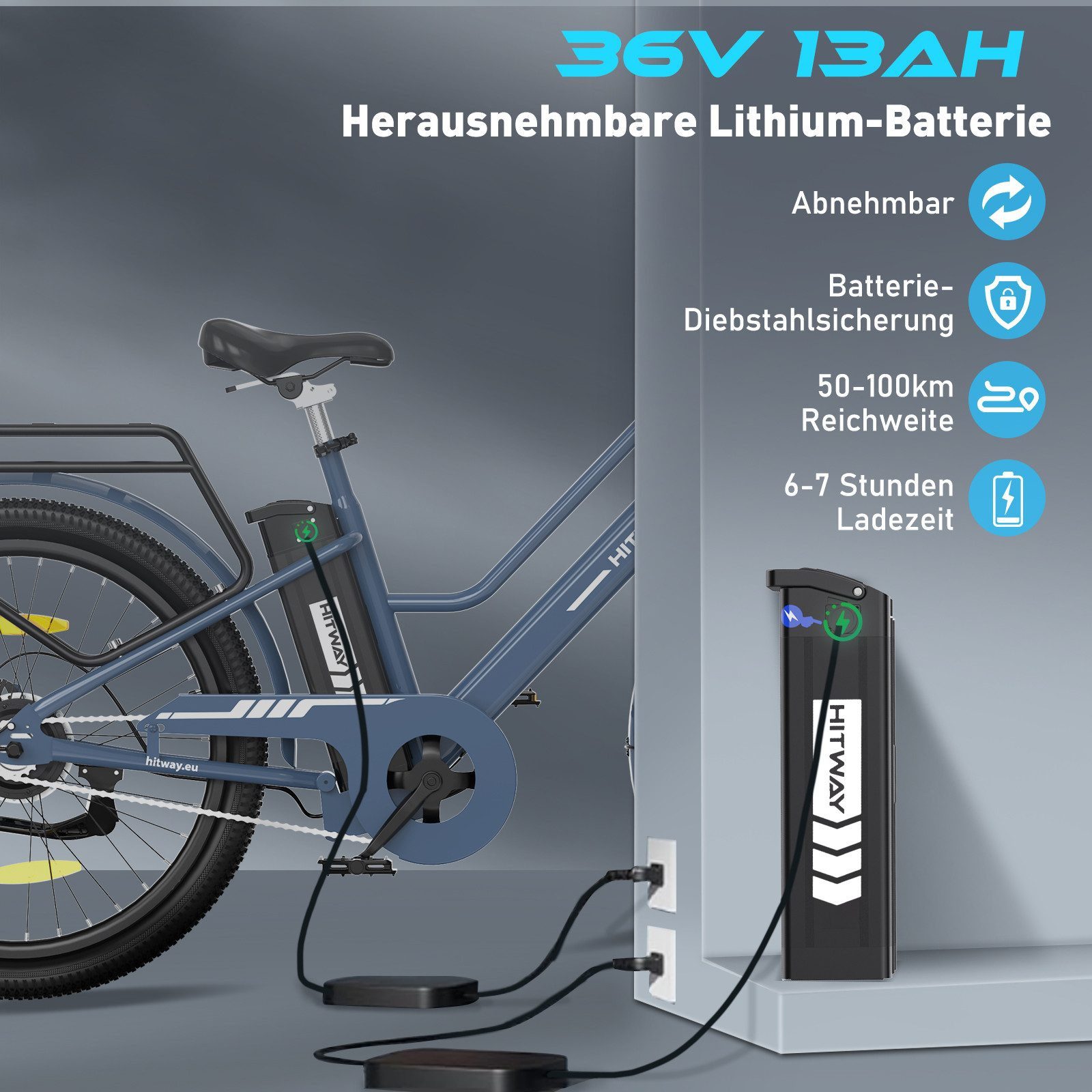 HITWAY E-Bike Cityrad 27,5 Zoll Elektrofahrrad für Damen Herren, Pedelec mit 36V 13Ah Akku, 1 Gang, 250W Heckmotor, 468 Wh, E-fahrräde, E-Citybike mit Schloss, Pumpe, APP