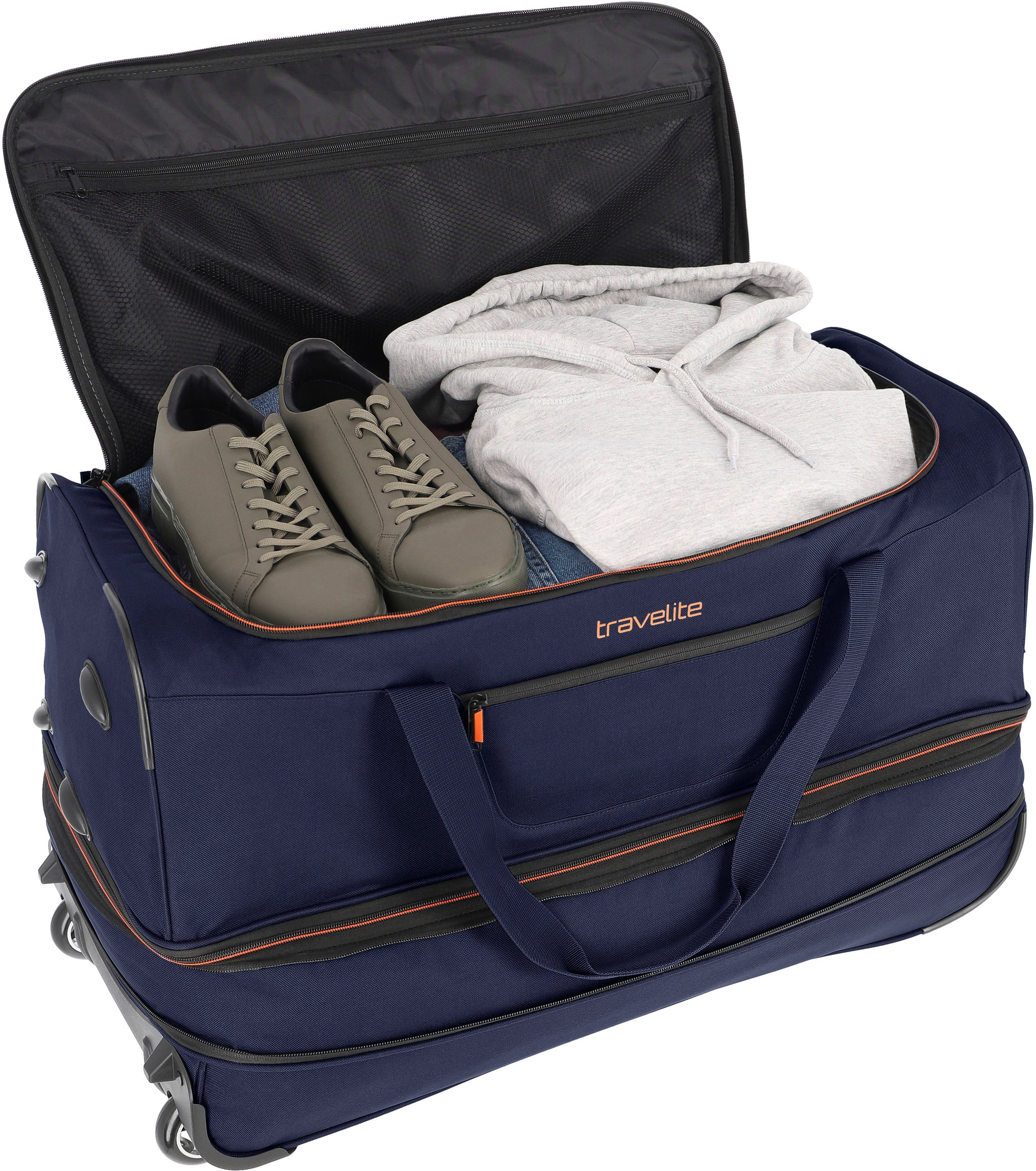 70 travelite Trolleyfunktion marine-orange und cm, Reisetasche mit Basics, Volumenerweiterung