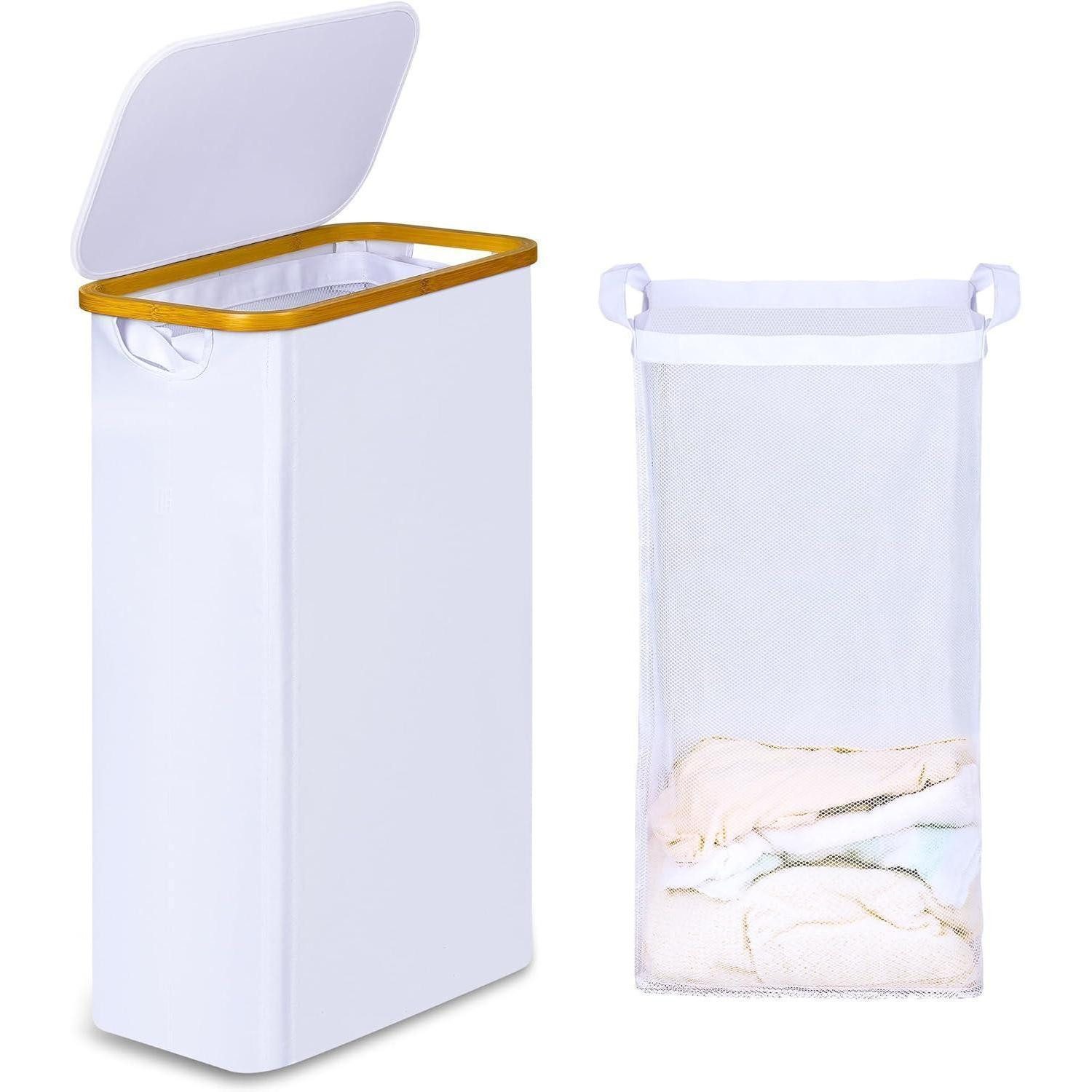 LuxusKollektion Wäschekorb Wäschekorb Bambus Innentasche Waschküche 60L mit Deckel Weiß