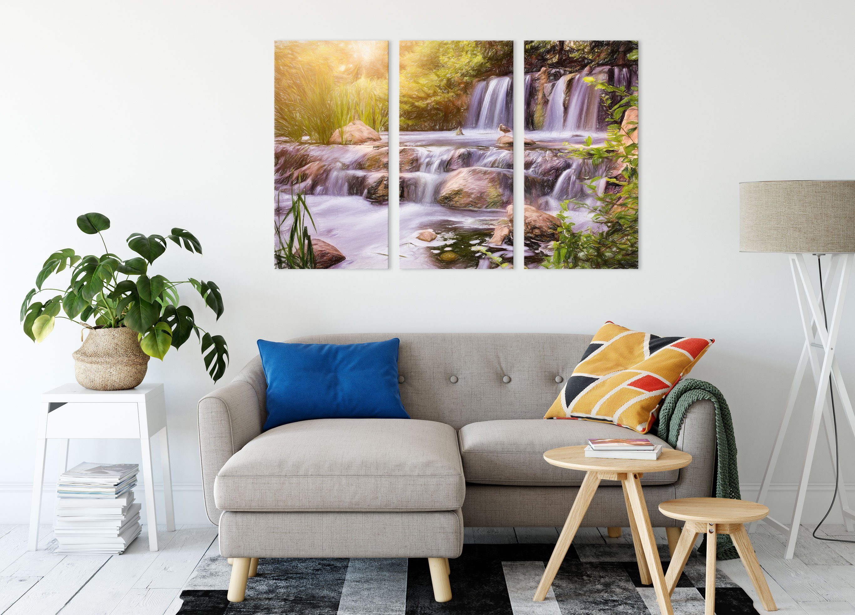 Zackenaufhänger Wasserfall, bespannt, 3Teiler inkl. Wasserfall Pixxprint (120x80cm) Leinwandbild (1 fertig St), Leinwandbild