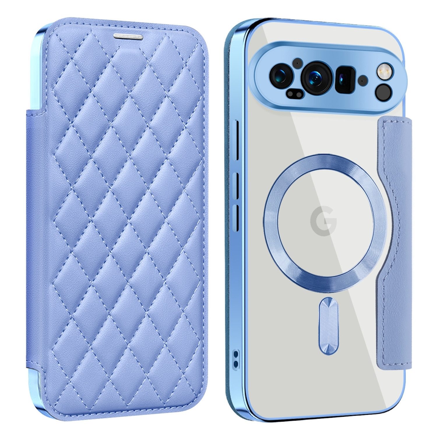 Wigento Handyhülle Für Google Pixel 9 Pro XL Full Magsafe Kunstleder Schutz Hülle H- Blau, Magsafe Kunstleder Schutzhülle mit RFID-Schutz und Ständer
