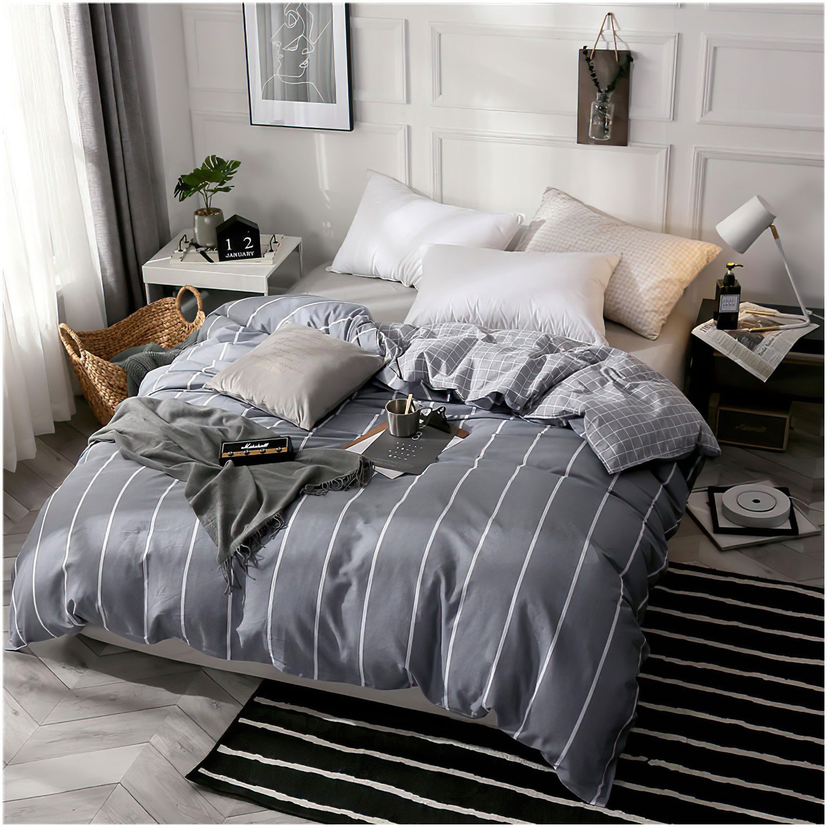 KEAYOO Bettwäsche STR, Baumwolle, 2 teilig, Baumwolle Grau Gestreift mit Re günstig online kaufen