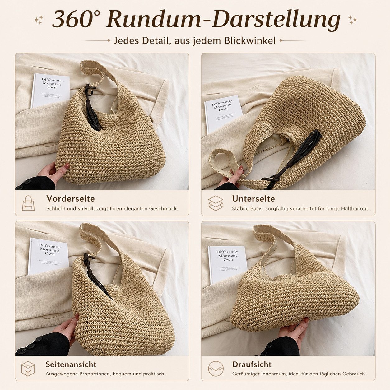 MOPUEA Strandtasche Strohtasche Damen Sommer Strandtasche Groß Gewebt Für Urlaub (Geflochtene Tote Bag Mit Großem Stauraum Für Alltag Und Reisen, 1-tlg., Rattan – Bild 5 von 5
