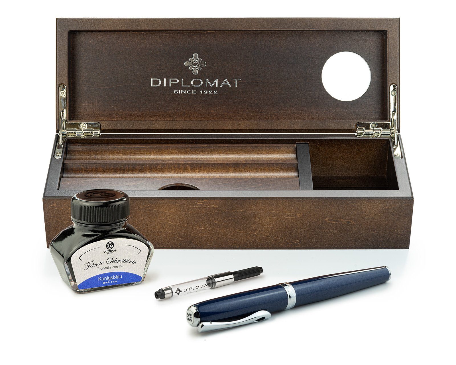 DIPLOMAT Füllhalter Füllhalter Diplomat Excellence A2 Midnight Blue Chrom Wenge-Holz, (Komplett-Set mit Tintenkonverter, Schreibtinte Königsblau von Octopus Fluids und Wenge Holzetui), MADE IN GERMANY