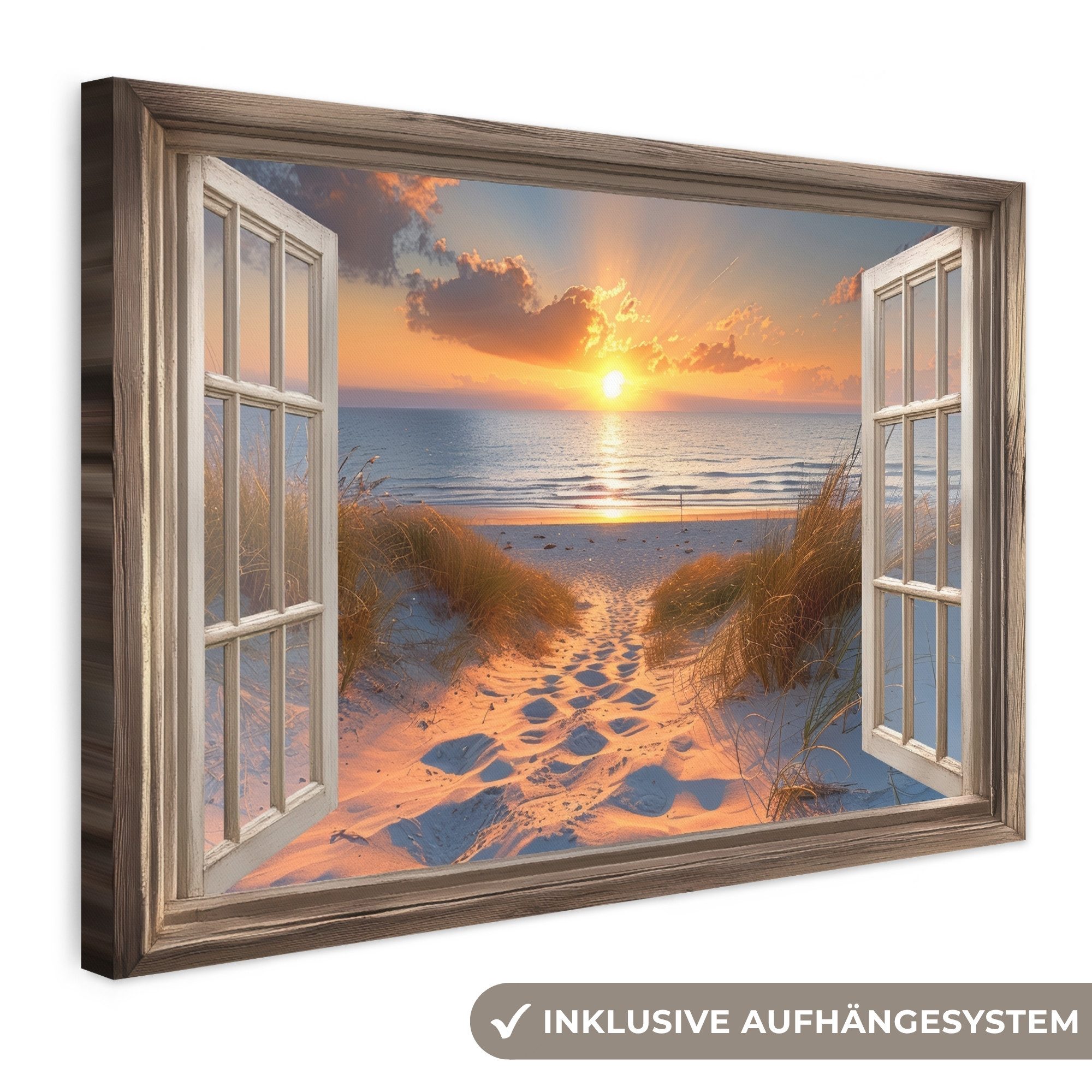 OneMillionCanvasses® Leinwandbild Durchblick - Strand - Dünen - Sonnenuntergang, Fotodruck (1 St), Leinwand Bilder Klein, Wand Dekoration Aesthetic 30x20 cm