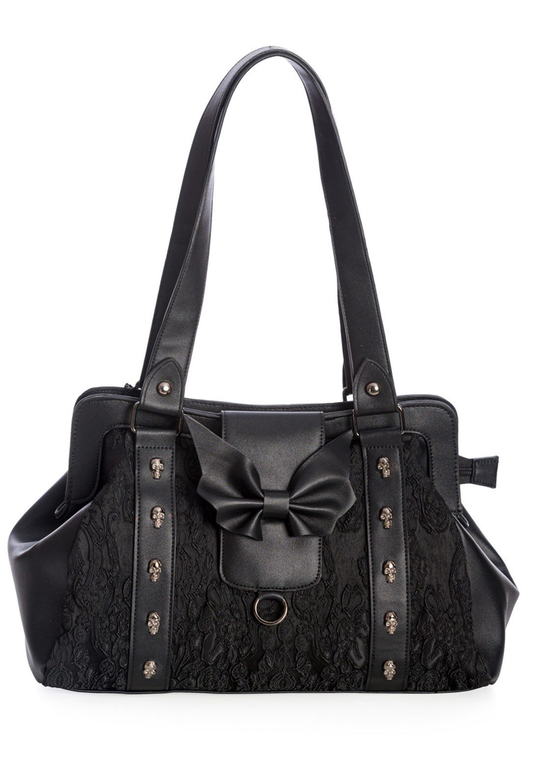Banned Handtasche Maplesage Schwarz, mit Skull Nieten und Fledermausflügel Schleife