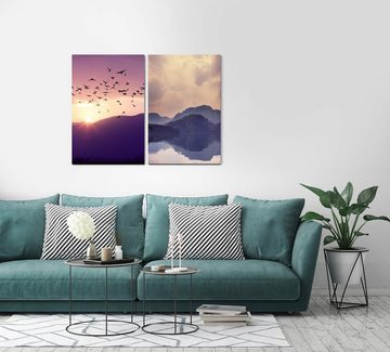 Sinus Art Leinwandbild 2 Bilder je 60x90cm Vogelschwarm fliegende Vögel Berge Bergsee Thailand Beruhigend Stille