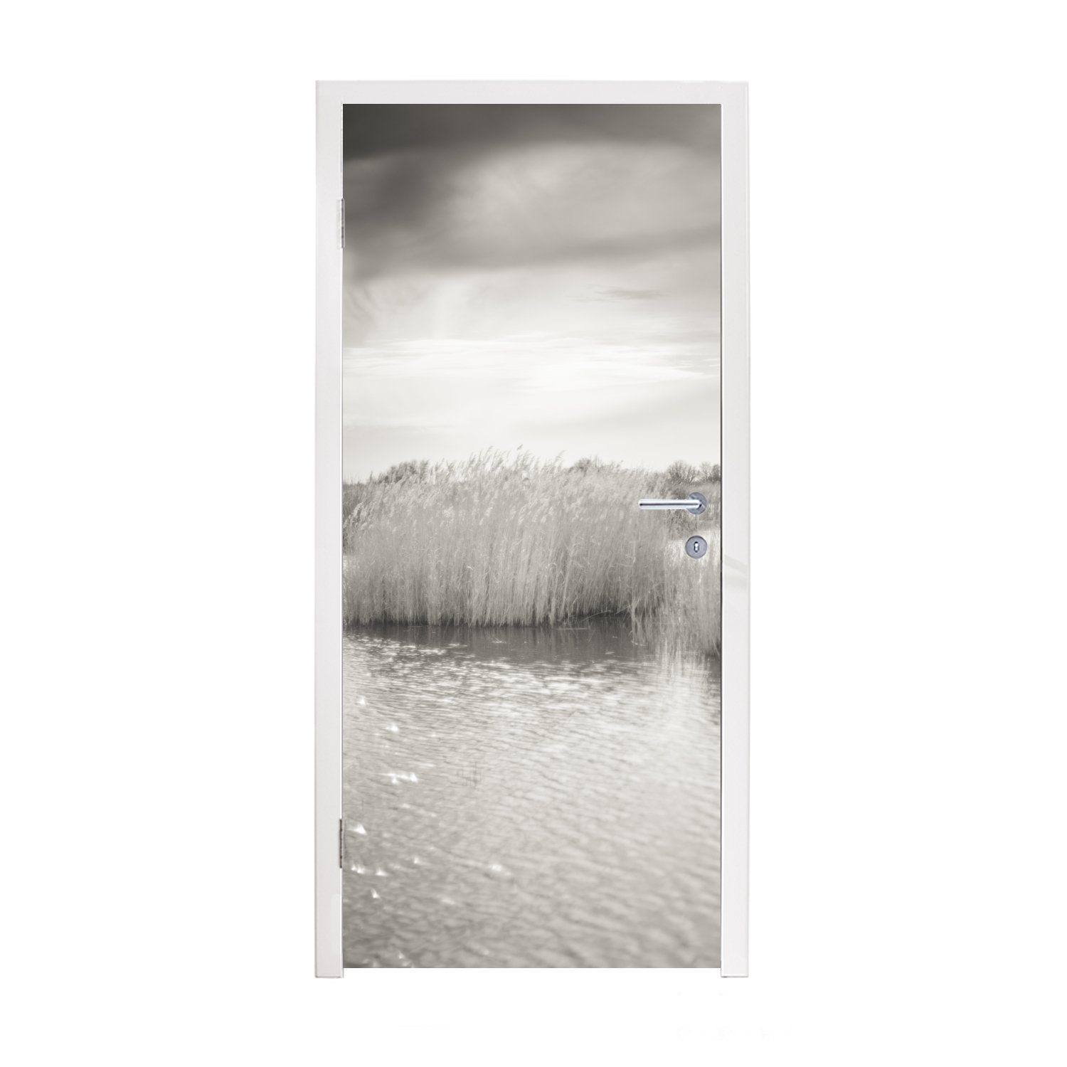 von MuchoWow Türtapete Fototapete Schwarz-Weiß-Fotografie Tür, St), (1 Tablas, Schilf Türaufkleber, bedruckt, Matt, Nationalpark im cm einem 75x205 für See in