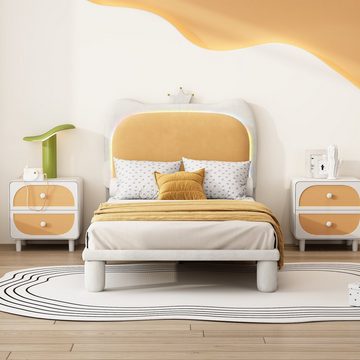 Flieks Polsterbett, LED Beleuchtung Kinderbett Einzelbett mit Krone am Kopfteil 90x200cm