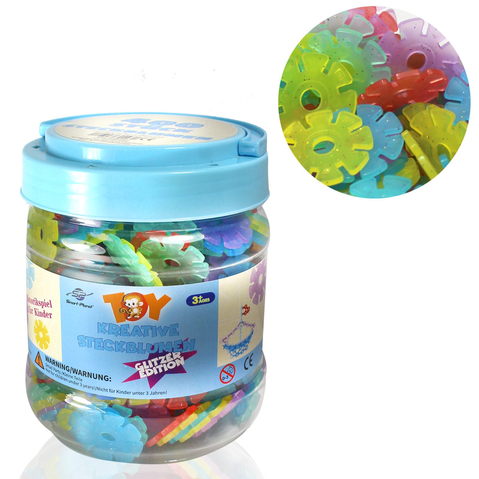 Smart-Planet 400 GLITZER Steckblumen in Dose - Schneeflocken zum Stecken 3,3 cm Konstruktions-Spielset, (400 St), Kinder - Montessori - Lernspielzeug - Steckbausteine ab 3 Jahre