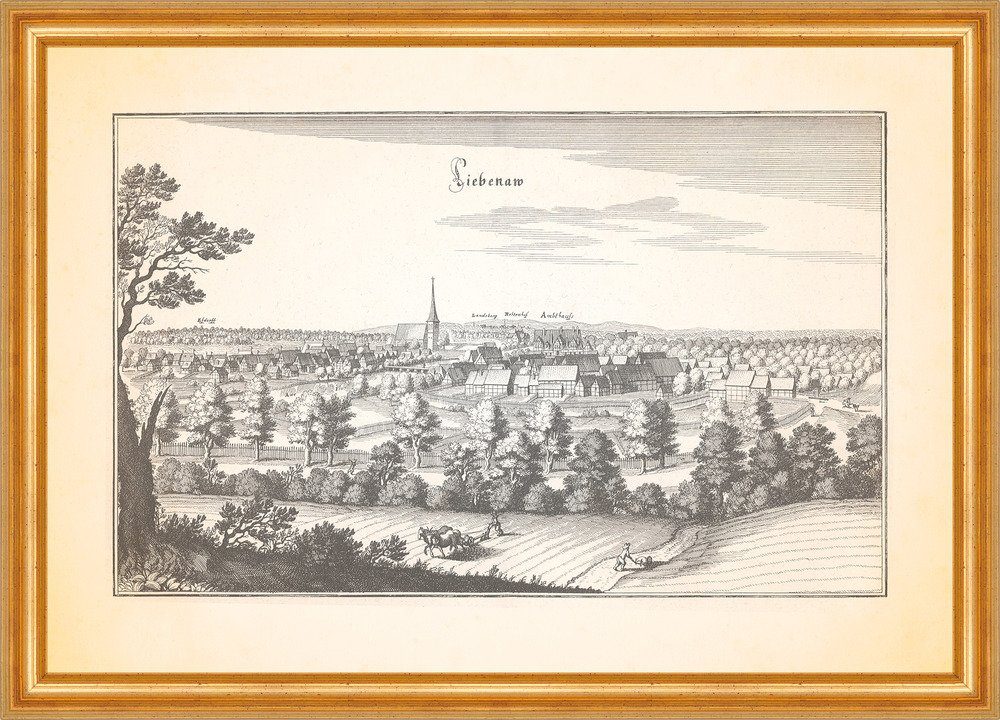 Kunstdruck Liebenau Amtshaus Wasserburg Dorf Flecken Kirche Kupferstich Merian 05