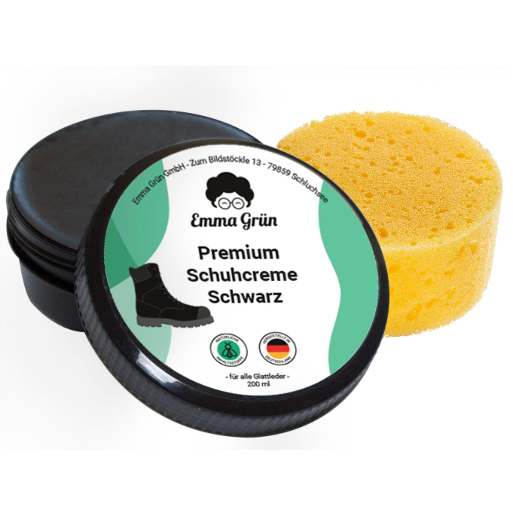 Emma Grün Schuhcreme für Soft- und Glattleder & Schwamm Lederpflegeset, natürliche Imprägnierung, für alle Leder, aus deutscher Manufaktur